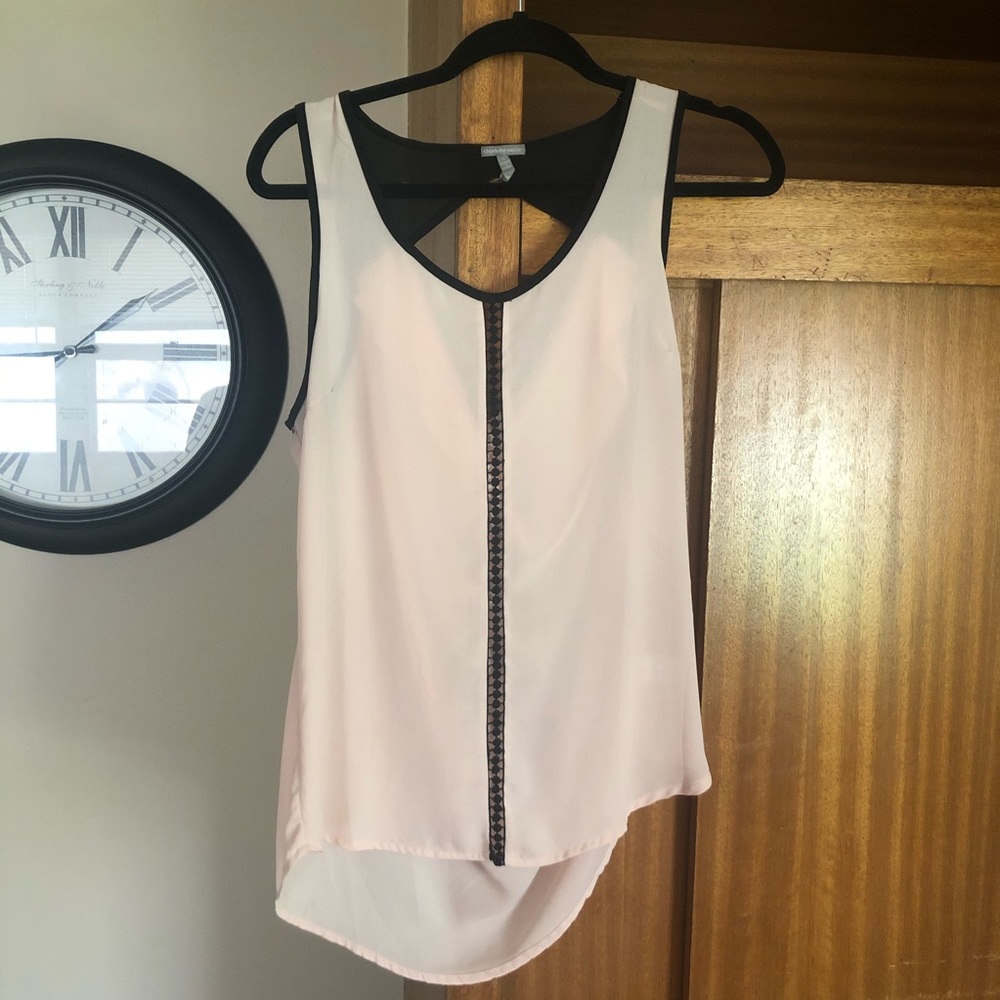 Blush pink blouse with black trim